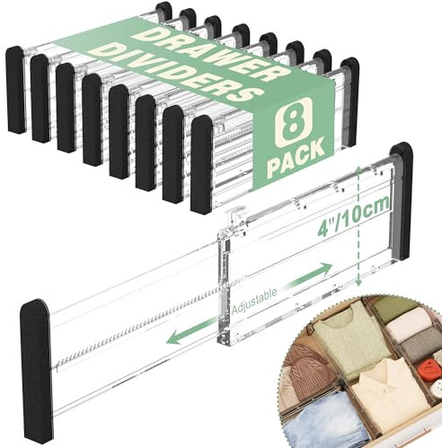 FUNIZE Adjustable Drawer Dividers, 4'' High Expandable Drawer Organizers for Clothes, 8 Pack 12.6-22.8'' Drawer Separators for Kitchen/Bedroom/Office/Bathroom Organization and Storage-Clear