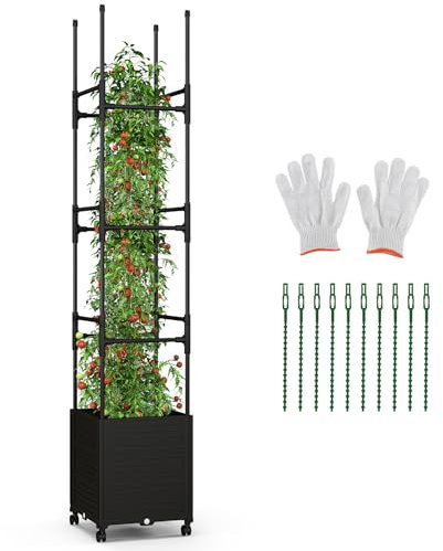 GOPLUS Treillis Plantes Grimpantes 219 CM avec Jardinière, Treillis Jardin avec Carré Potager,Cage à Tomates à roulettes 3 Hauteurs Réglable 51/37/23CM Jardinière : 70 L,42x219CM