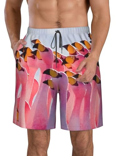 EVIUS Short de plage pour homme - Imprimé flamants roses - Short de bain d'été - Séchage rapide - Taille élastique - Cordon de serrage - Léger et décontracté - Avec poche, Flamants roses, L