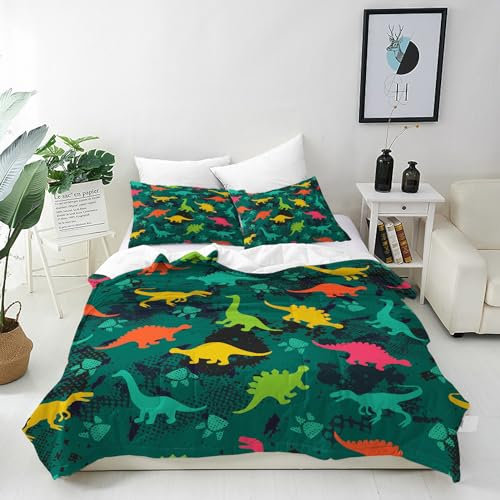 ANHOPE Abstrakte Bunte Dinosaurier Bettwäsche Set 3 Teilig Bettbezug 135x200 cm & Kissenbezug 80x80 cm Microfaser Bettbezüge mit Reißverschluss Weich Bettdeckenbezug Set für Kinder Jungen Mädchen