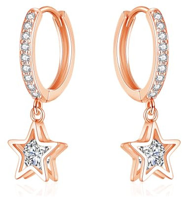 Josfeva 925 Sterling Silver Hanging Earrings for Women Girls, Huggie Hoop Earring with Pendant Cubic Zirconia Star Hypoallergenic Earrings, Rose Gold Dangle Dangling Earrings, Jewellery Gift for Women