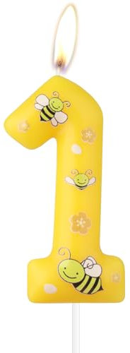 mciskin Honeybee 1st Birthday Candles, Bee Cake Decorations,Yellow Number 1 Candle for Cake,Girls Boys First Birthday Decorations,Cartoon Bee Candles Cupcake Topper for Honeybee Themed Party Supplies