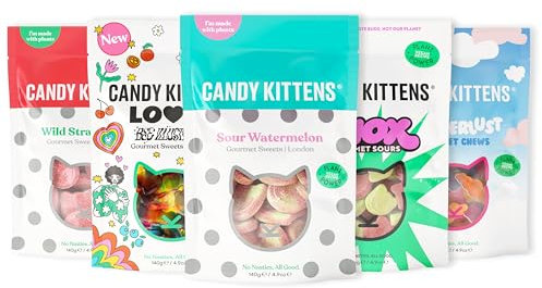Candy Kittens Vegan Sweets DISCOVERY Selection (5 x 140g), Vegan Chewy Sweets Bundle - 5 Packs - Wild Strawberry, Sour Watermelon, Shox, Wanderlust & LOVES, Perfect Vegetarian Gifts