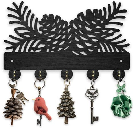 MAYJOYDIY Holz Tannenzapfen Schlüsselhaken Wandhalterung 30x18.9cm Natürlicher Botanischer Mantel Huthaken Schwarzes Wand Schlüsselbrett 5 Haken Aus Legierung Für Schlafzimmer Küche Eingangsbereich