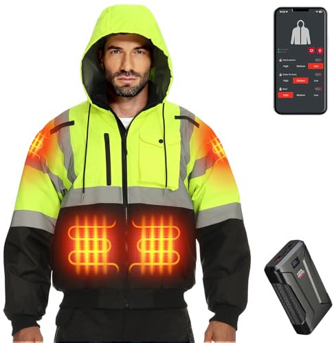 KEMIMOTO 65℃ Beheizbare Warnschutzjacke mit 20000mAh Akku, 3 IN1 & Wasserdichte und Winddichte Reflektierende Pilotenjacke für Winter Outdoor, Beheizte Hi-Vis Arbeitsjacke mit 7 Heizzonen