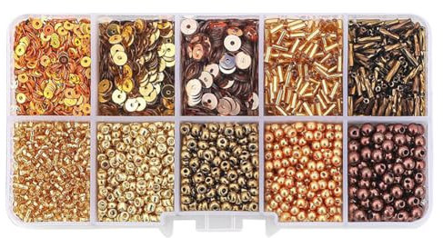 FSSTUD 80G Glass Seed Beads and Loose Sequins Kit Jewelry Making Tube Beads Small Bugle Beads Mini Round Beads Assorted Craft Beads with Storage Box Golden