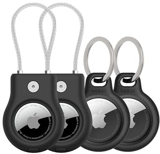 Belkin Apple AirTag Secure Holder w/Key Ring + Wire Cable, Scratch-Resistant Case with Open Face & Raised Edges - Protective AirTag Keychain Accessory for Keys, Pets, Luggage, & More - Black (4-Pack)