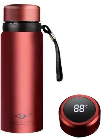 Botella de agua aislada inteligente de acero inoxidable con visualización de temperatura; taza térmica de boca ancha; botella de agua aislada; termo de doble pared; a prueba de fugas; con asa (rojo,