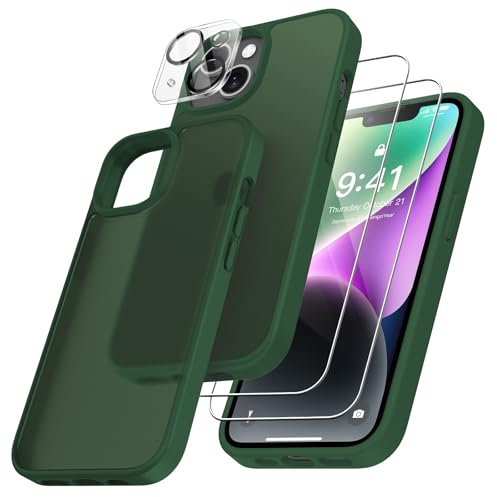 FLLAO 4 en 1 Funda para iPhone 14 con 2 Protector Pantalla y 1 Protector Lente Cámara, [Almohadilla de Aire integrada] Antigolpes Antiarañazos Carcasa 6,1 Pulgadas, Verde Oscuro