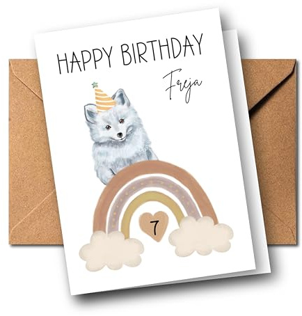Personalisierte Kinder Glückwunschkarte zum 1. 2. 3. 4. 5. 6. 7. usw. Geburtstag Grußkarte Geburtstagskarte Faltkarte Kindergeburtstag mit Name verschiedene Tiermotive Boho Regenbogen (Schneefuchs)