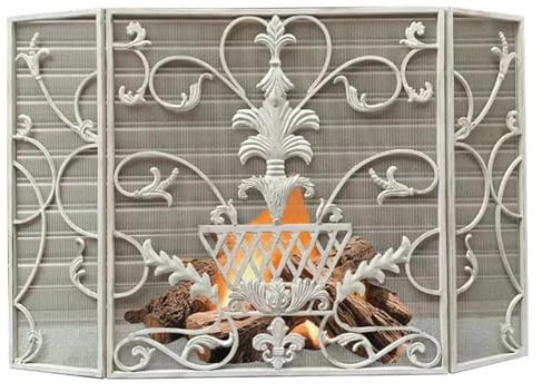 GTPBAO Écran de Cheminée Pare Acier Pare-étincelles À 3 Panneaux pour Cheminée, Blanc Antique, Maillage en Fer Forgé Pare-étincelles pour Poêle À Bois/Feu Au Charbon De Bois, 120×78cm