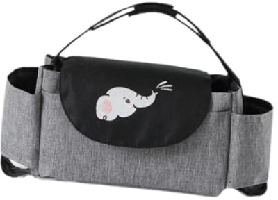 Perfeclan Organizer für Kinderwagen, Windel-Organizer, multifunktionaler Getränkehalter, Hängetasche, Reisetasche für Kinderwagen, Schwarz Grau Elefant