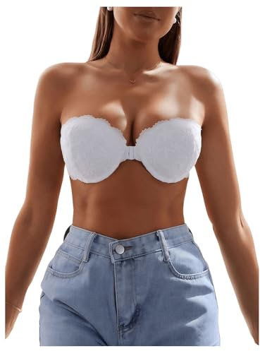 GORGLITTER Women's Strapless Underwire Front Fastening Bras Scalloped Lace Bandeau Bras White 36C