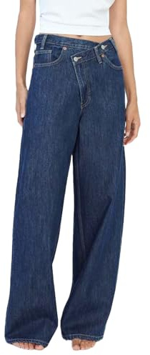 LYSINK Women Wide Leg Jeans Loose High Waisted Straight with Pockets Pants Summer Spring Casual Denim Long Trouser (Bc Dark Blue, XL)