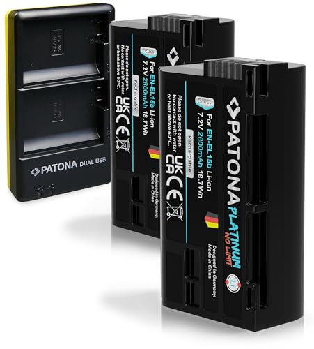 PATONA 2 batteries Platinum EN-EL15b 2600mAh + chargeur double USB-C chargeur compatible avec Nikon EN-EL15 1 V1 Z6 Z7 D7200 D7500 D850, compact sûr durable