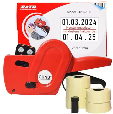 CUNU - Auszeichner 2-zeilig für mindestens haltbar bis und Herstellungsdatum - MHD Handauszeichner zweizeilig - Warenauszeichner für 26x16mm, 25x16mm Etiketten - Datumsauszeichner vom Fachhandel