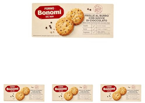 Forno Bonomi Frolle al burro con gocce di cioccolato. Frollini al burro con gocce di cioccolato ideali per uno spuntino gustoso. Provali con il latte o con il caffè. Confezione da 600g