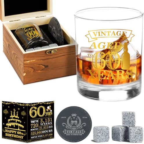 60th Birthday Gifts for Men - Vintage Whiskey Glass Set, 60th Birthday Decorations for Men Personalized Gifts for Him, Dad, 60 Year Old Man - Wood Box & Whiskey Stones & Coaster & Anniversary Card