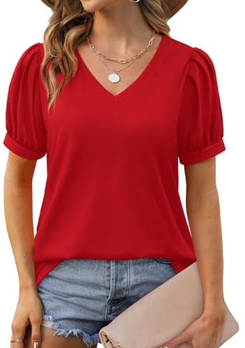 Aokosor T Shirts for Women UK Ladies Summer Tops V Neck Tee Shirts Short Sleeve Puff Sleeve Ladies Tops Size 14-16 Red
