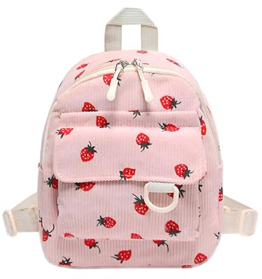 LJCZKA Strawberry Corduroy Backpack for Girls Women, Small Toddler Preschool Backpack Kids Cute School Bag for Kindergarten Travel