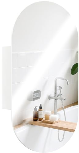 HOMCOM Ovaler Badezimmerspiegel mit Wandschrank 45x90cm Weiß | Moderner Badezimmerspiegelschrank, zwei platzsparende Regale.