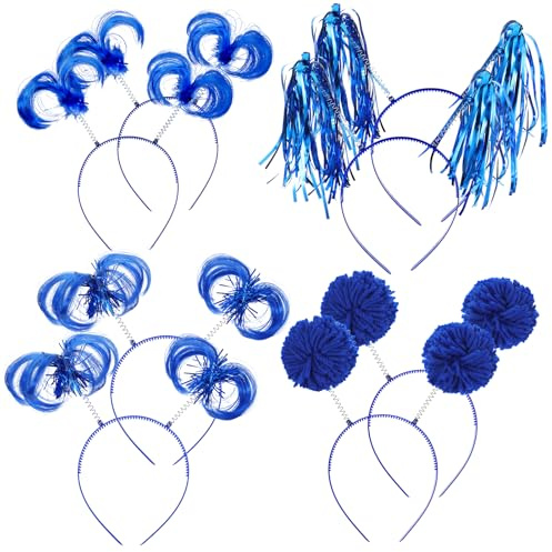 8 blaue Pompom-Stirnbänder, Lametta-umwickelter Pferdeschwanz-Stirnband für Damen, flauschige Ball-Haarschleife, Cosplay-Haarschmuck, Party-Stirnbänder für Halloween, Weihnachten, Geburtstag, Festival