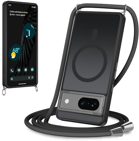 Yoedge Magnétique Coque pour Google Pixel 7 5G avec Cordon, Compatible avec MagSafe, Étui Mat Translucide Rigide PC + TPU Bumper Antichoc Protection Housse avec Réglable Collier Laniere Case, Noir