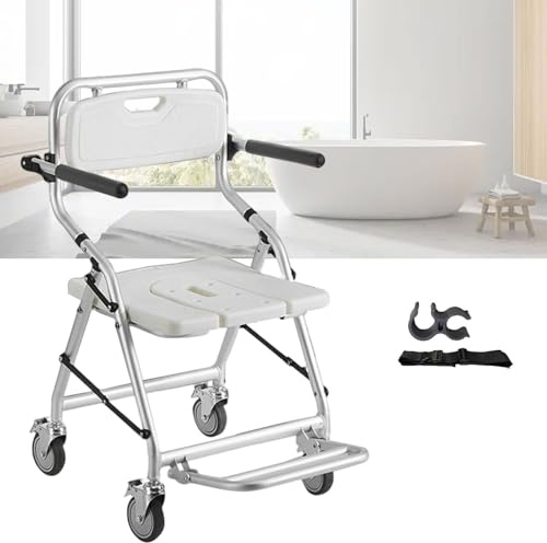 Duschsitz mit Rollen für Senioren, Aluminium-Rollstuhl mit Arm und Rückenlehne, Multifunktions-Hocker für Behinderte und Schwangere