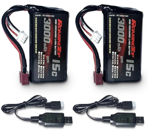 RoaringTop Batterie 7,4V 3000mAh 2S Rechargeable Li-ION Batterie avec T Plug et 2 Chargeurs USB pour Voitures RC Grande Vitesse 4WD et la Plupart des Voitures RC Camions à l’échelle 1/10, 1/12, 1/16