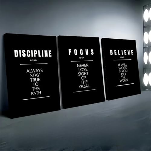 TROYSINC 3er Poster Set Minimalistische Schwarz-Weiß Motivationsposter mit DISCIPLINE/FOCUS/BELIEVE – Inspirierende Wanddeko für Büro, Arbeitszimmer & Schlafzimmer (C, 30x40cm)