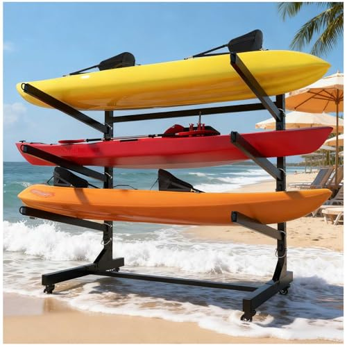 Kajak-Aufbewahrungsgestell mit Rädern, Hochbelastbarer, Verstellbarer, Freistehender SUP-Aufbewahrungsständer, Aufbewahrungsgestell für Kajaks, SUPs, Kanus und Paddleboards,3 Levels for 3 Kayaks