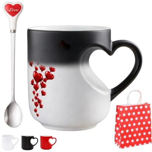Générique Tasse en céramique magique en forme de cœur, changeant de couleur, avec anse en forme de cœur et motif de cœur rouge pour la Saint-Valentin et les anniversaires (Noir)