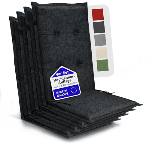 Relexo PREMIUM - Hochlehner Auflage Gartenstuhl – Hochlehner Stuhlauflage mit Polster, Outdoor Sitzkissen & Stuhlkissen für Gartenmöbel Auflage wetterfest, Sitzkissen bequem (Schwarz, 4er Set)