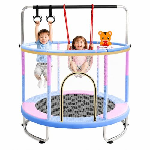 5FT Mini Toddler Trampoline Indoor Outdoor Kids with Safety Enclosure Net | Round Trampoline for Ages 2-14 with Swing & Gymnastics Bar, Fun Backyard Garden Outdoor Toy for Boys Girls, Kids Trampoline