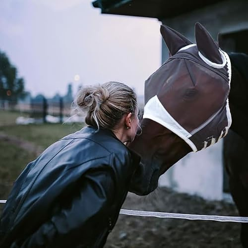 Máscara transpirable para moscas de caballo, máscara para moscas de caballo negra y blanca con orejas, talla ajustable (L)