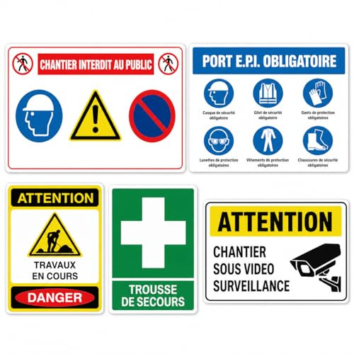 Kit Signalisation Chantier BTP 5 Panneaux Sécurité Obligatoires | EPI, Travaux en Cours, Interdit Public, Vidéosurveillance, Trousse de Secours, Stickers, 40x30 cm