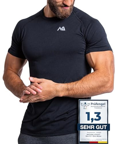 Herren Fitness T-Shirt modal - Männer Kurzarm Shirt für Gym & Training - Passform Slim-Fit, lang mit Rundhals, Schwarz, XL