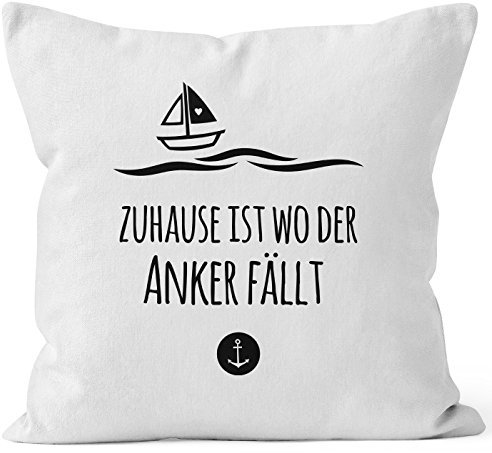 MoonWorks Kissenbezug Zuhause ist wo der Anker fällt Familie Heimat Liebe 40x40 Baumwolle weiß 40cm x 40cm