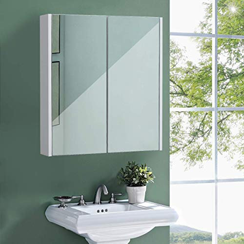 COSTWAY Armadietto da Bagno con Specchio a 2 Ante, Mobiletto da Parete Pensile con Mensola Regolabile, Mobile Bagno Sospeso con Specchiera 65 x 62 x 11 cm, Bianco