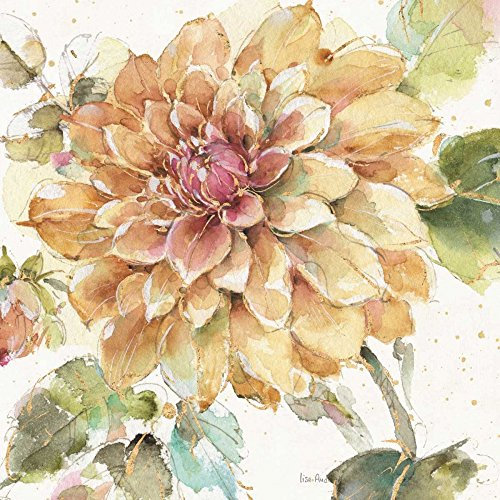 STAMPA-SU-TELA-INCORNICIATA-Audit-Lisa-Cm_49_X_49-Paese-Bloom-V-dalia-fiori-floreale-oro-dorato-verde-arancione-metallizzato-rosa-splatter-watercolor-yellow-Quadro-su-tela-con-cornice-a-cass