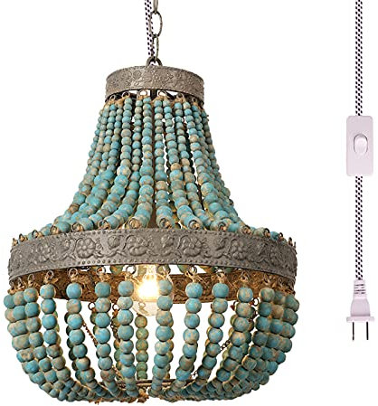 Newrays Holzperlen-Kronleuchter-Anhänger Blue Finishing Bohemian Boho Beachy Deckenleuchte Leuchten, Plug-in