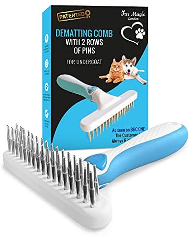Fur Magic Dematting Comb for Dogs – Undercoat Brush for Dog Grooming - Double Row Stainless Steel Pins Dog Brushes for Shedding – Skin-Friendly and Safe Deshedding Tool for Dogs