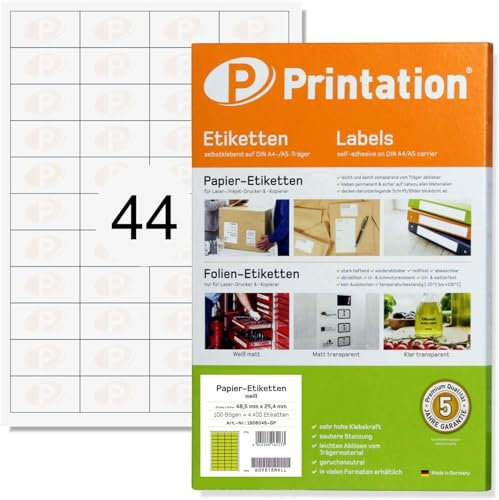 Printation Etiketten selbstklebend 48,5 x 25,4 mm weiß bedruckbar - 1100 Amazon FBA Versand Artikeletiketten 44 pro Blatt - 48,5x25,4 4x11 25 DIN A4 Bogen 48x25 Klebeetiketten/Aufkleber/Haftetiketten