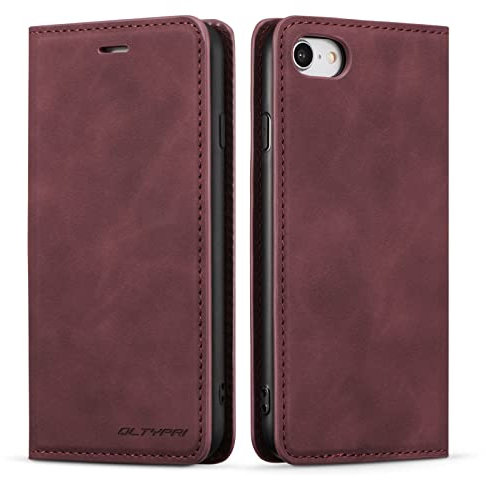 QLTYPRI Case for iPhone 7/8/SE 2020/SE 2022 5G, Premium PU Leather Cover TPU Bumper Card Holder Kickstand Hidden Magnetic Adsorption Flip Wallet Case Cover for iPhone SE 2022/SE 2020/8/7 - Red Wine