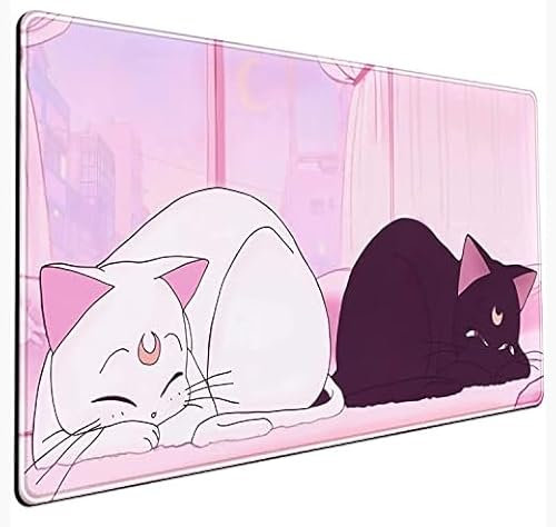Grand Tapis de Souris de Jeu Motif Chat Blanc Rose, Motif Chat Noir, décoration de Bureau, Magnifique Tapis de Souris pour Femmes, Tapis de Souris de Bureau avec Bords Cousus en Caoutchouc