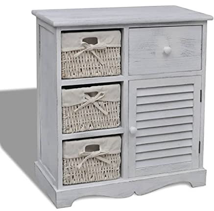 Makastle Shabby Chic Vintage Look Kommode mit 1 Schublade und 3 Körben, Mehrzweckschrank Anrichte Schubladenregal Standregal Aufbewahrungsschrank für Kleiderschränke, 60 x 30 x 63 cm Weiß