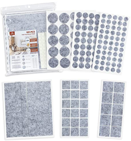 Furniture Pads Floor Protectors, HOMMAND 191 Pcs Premium Thick Felt Pads for Furniture Feet, Self Adhesive Chair Leg Floor Protectors, Different Sizes, Including Silicone Pads, Grey