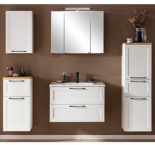 Lomadox Badmöbel-Set 5-teilig in weiß, mit 80 cm Waschtisch Spiegelschrank Midischrank Hängeschrank Badschrank, B/H/T ca. 200/200/47 cm
