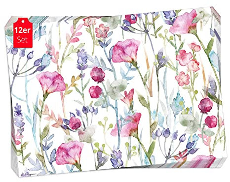 Tischset, Platzset - Blumenwiese Aquarell - 12 Stück Made in Germany, 44x32cm aus speziellem Naturpapier in Aufbewahrungsmappe – die besondere Tischdeko für Frühling, Ostern & Blumen
