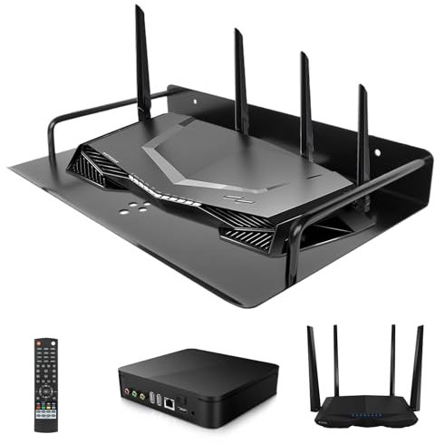 YOYIAG Black Router Wall Mount Shelf Wall Mounted Router Holder with Nail Free Glue Black Router Wall Mount Shelf TV Accessories, Aluminum Cable Box Stand for Router Game Console Media Boxes Monitors